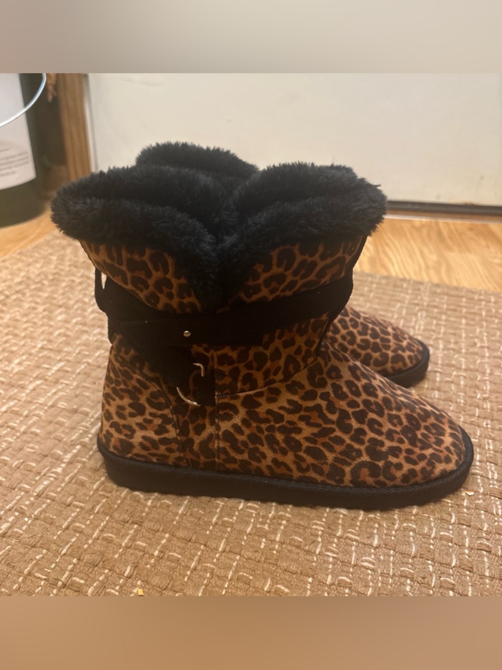 Leopard Print Faux Fur Ankle Boots with Ring Accent